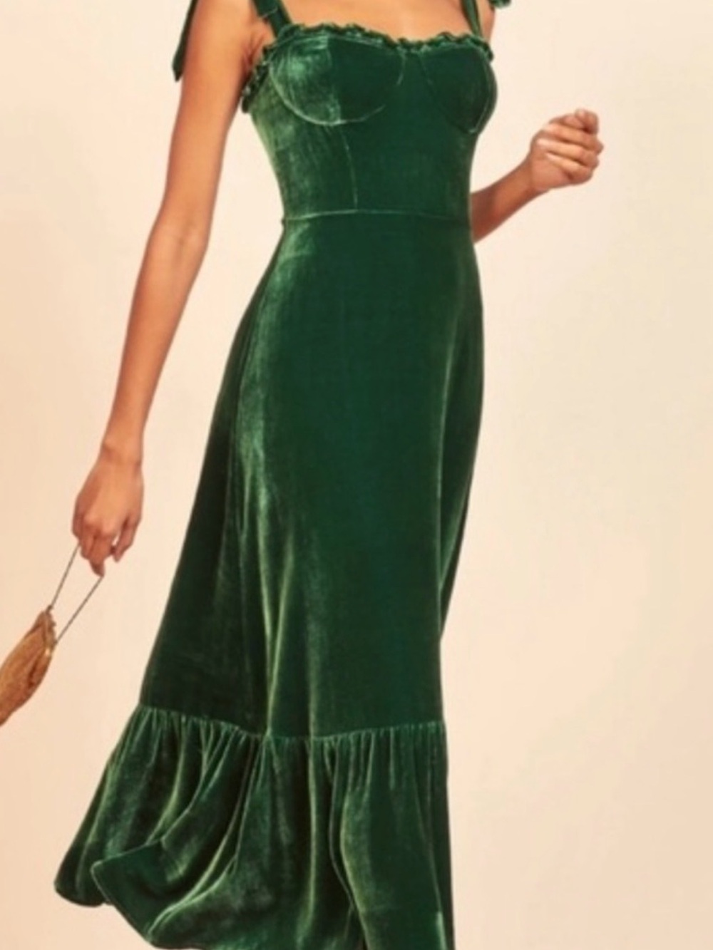 Reformation Emerald Green Tie-Shoulder Velvet Dress 8